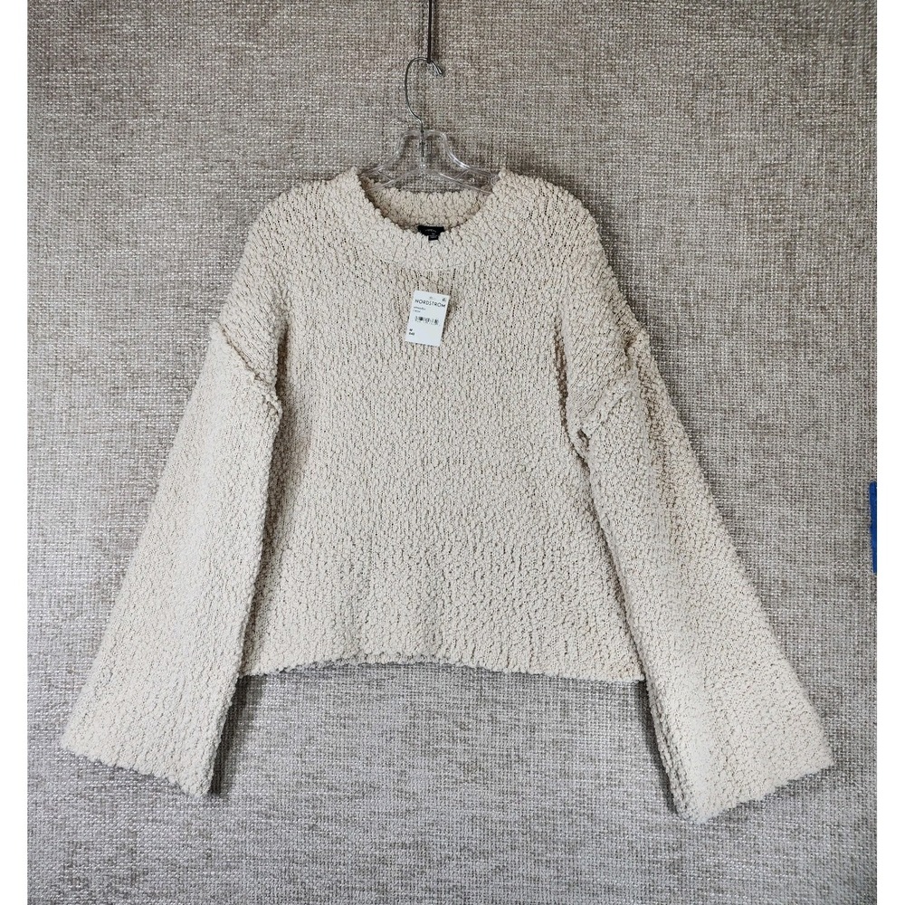 Bobeau Nubby Knit Sweater‎ Womens M Cream Crew Neck Bell Sleeve NWT